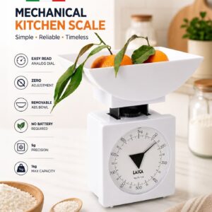 LAICA K711 Mechanical Kitchen Scale 1kg Capacity Analog Food Weighing Scale with 5g Precision Easy Read Dial Removable ABS Bowl Zero Adjustment Knob No Battery Required Vintage Compact Kitchen Scale for Baking Cooking Meal Prep Home Use