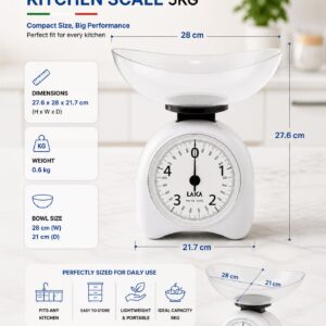 LAICA Mechanical Kitchen Scale 5KG Analog Food Weighing Scale with Bowl High Precision 25g Division Manual Weighing Machine No Battery Required Vintage Retro Design Durable ABS Bowl Cooking Baking Portion Control Kitchen Scale for Home Use