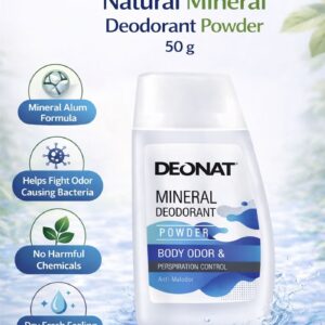 Pack of 1 DEONAT Natural Mineral Deodorant Powder 50g Alum Deodorant Body Odor and Perspiration Control Anti Malodor Bacteriostatic Protection Dry Fresh Feeling No White Marks No Harmful Chemicals for Men and Women