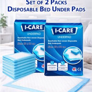 I-CARE Disposable Underpads 60x90 cm Leak-Proof Bed & Mattress Protector Pads – Ultra Absorbent Incontinence Underpad with SAP & Fluff Pulp Core Waterproof PE Backing Soft Non-Woven Top Sheet Hypoallergenic Medical Grade Protection for Baby Changing Elderly Care Home & Hospital Use Pet Training 2 Pack 30 Pcs Pads