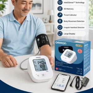 OMRON HEM-7183T1-FLB Automatic Upper Arm Blood Pressure Monitor with Bluetooth Connectivity, IntelliWrap™ 360° Accuracy Cuff 22-42 cm, IntelliSense™ Technology, 30 Reading Memory, Hypertension Indicator, Irregular Heartbeat Detection, Body Movement Detection, Trend Indicator, Large LCD Display, One-Touch Operation, Home Blood Pressure Monitor for Adults, Clinically Validated Digital BP Machine