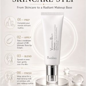 9Wishes Vanishing Balm Ultimate Tone-Up Cream 50ml Korean Brightening Hydrating Face Moisturizer and Makeup Primer with Niacinamide, Glutathione, Sea Water, Sodium Hyaluronate, Jojoba Seed Oil, Allantoin and Adenosine for Natural-Looking Radiance, Smooth Makeup-Ready Finish and Wrinkle Care