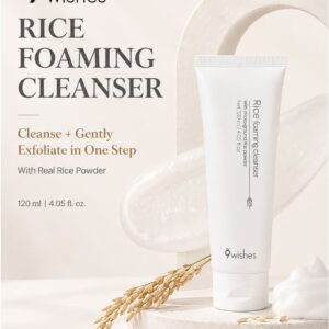 9WISHES Rice Foaming Cleanser 120ml / 4.05 fl oz, Korean Facial Cleanser with 30% Korean Rice Powder, Rice Bran Water, Rice Bran Ferment & Rice Bran Extract, 2-in-1 Daily Face Wash and Gentle Physical Exfoliator for Impurities, Dead Skin Cells, Excess Oil, Pore and Texture Refining, Suitable for All Skin Types Including Sensitive Skin